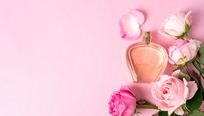 delicate pink floral perfume bottle is elegantly placed among soft pink roses on pastel pink background, creating romantic and inviting atmosphere