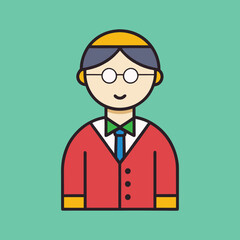 Cartoon man wearing glasses, suit, and tie on a teal background