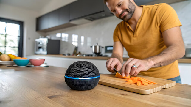 In a kitchen, a man slices carrots on a cutting board, while an Amazon Dot sits close by, ready to assist with recipes