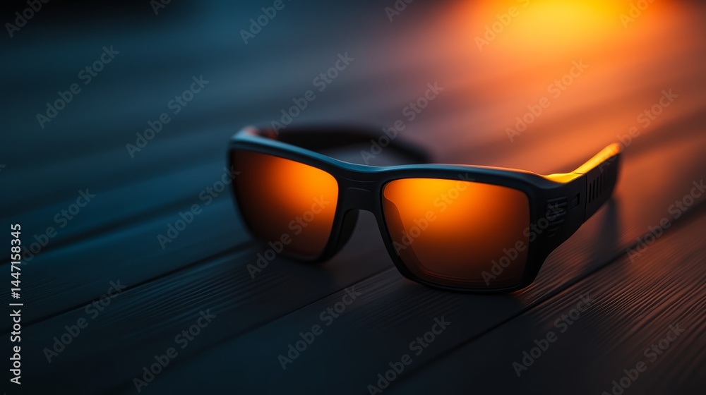 Poster a single pair of 3d movie glasses rests on a smooth black surface, illuminated for a sleek and moder