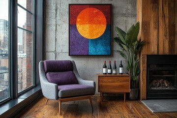 Close-up of colorful abstract painting above the fireplace in a New York City co-op, with modern armchair, large plant, and wine bottles beside the sofa table.
