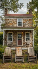 Rustic stone cottage with rocking chairs
