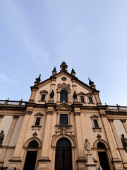 Fototapeta premium Aerial tilts down to neo-colonial front facade of Salta Cathedral, ARG