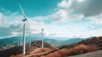 Peaceful Hilltop Scene with Wind Turbines Under Sunny Sky