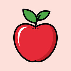 Cartoon red apple with green leaves and black outline on pink