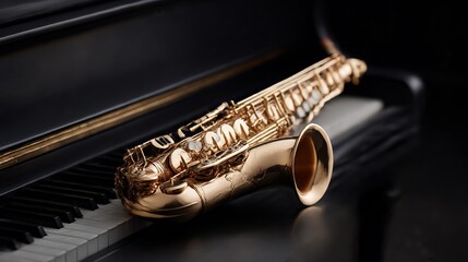 Naklejka premium Golden saxophone resting on piano keys, captured in soft, diffused light