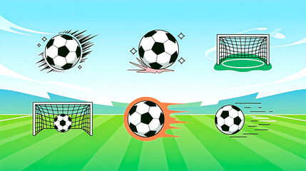 Modern icon set featuring footballs, soccer balls and football goals in dynamic, stylized designs.