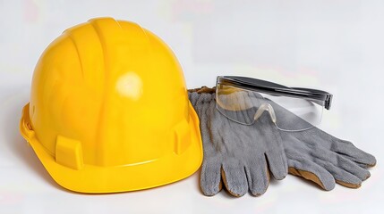 A safety equipment set including a yellow hard hat, clear safety glasses, and grey gloves is displayed on a white background, emphasizing jobsite protection.
