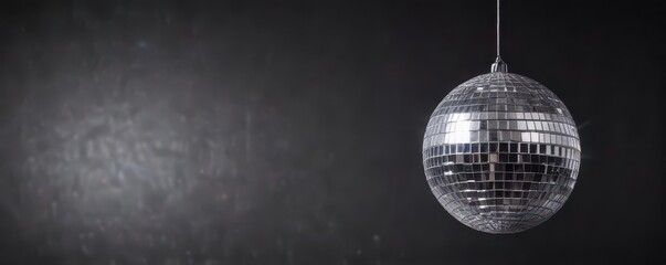 Obraz premium A shimmering silver disco ball hangs from a thin string against a dark background , dance, abstract