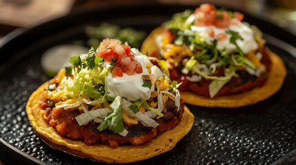 Natural view of Sopes thick corn cake topped refried bean lettuce sour cream cheese salsa placed black textured plate bring out vibrant color traditional Mexican flavor cut out isolated transparent