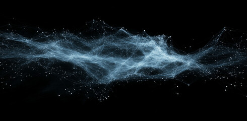 Abstract blue glowing light rays and particles of data flowing in a digital space on a black background.