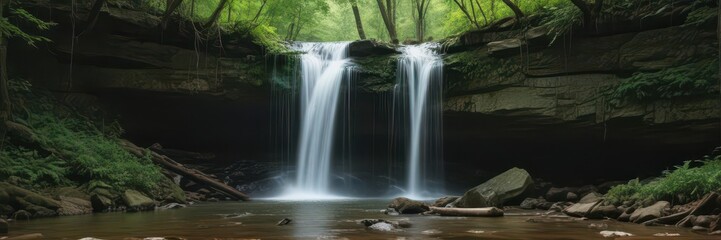 Obraz premium Cascading Arkansas waterfall in lush green woods, spring, natural beauty