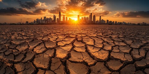 Dry Cracked Earth with City Skyline at Sunset