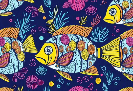 Trendy seamless pattern of linear doodle tropical fish  , trendy, animal
