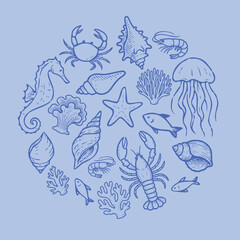 Collection of hand drawn sea creatures and shells arranged in a circular composition. Nautical doodle set in blue tones, perfect for ocean themed designs. Vector illustration