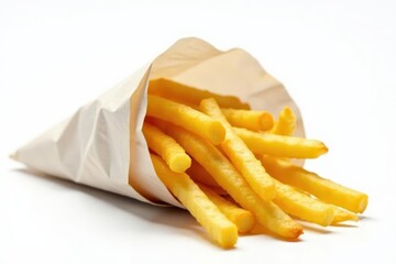 Golden fries overflowing from a crumpled paper cone, isolated on white , french fries, takeaway