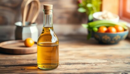 Two bottles of cooking oil on a wooden surface, ingredient, kitchen