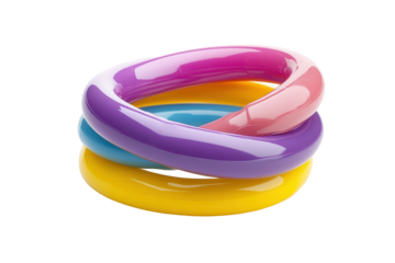 Three-dimensional rendering of three interlocking, colorful rings.  The rings feature a glossy finish and vibrant hues.