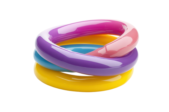 Three-dimensional rendering of three interlocking, colorful rings.  The rings feature a glossy finish and vibrant hues.