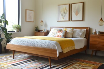 A mid-century modern bedroom with clean lines, wooden furniture, and pops of retro colors