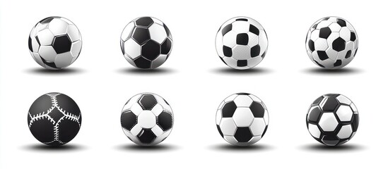 Array of stylized soccer balls showcasing diverse designs against a white backdrop