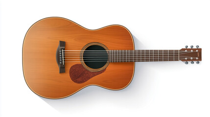 A realistic wooden guitar isolated on a white background.