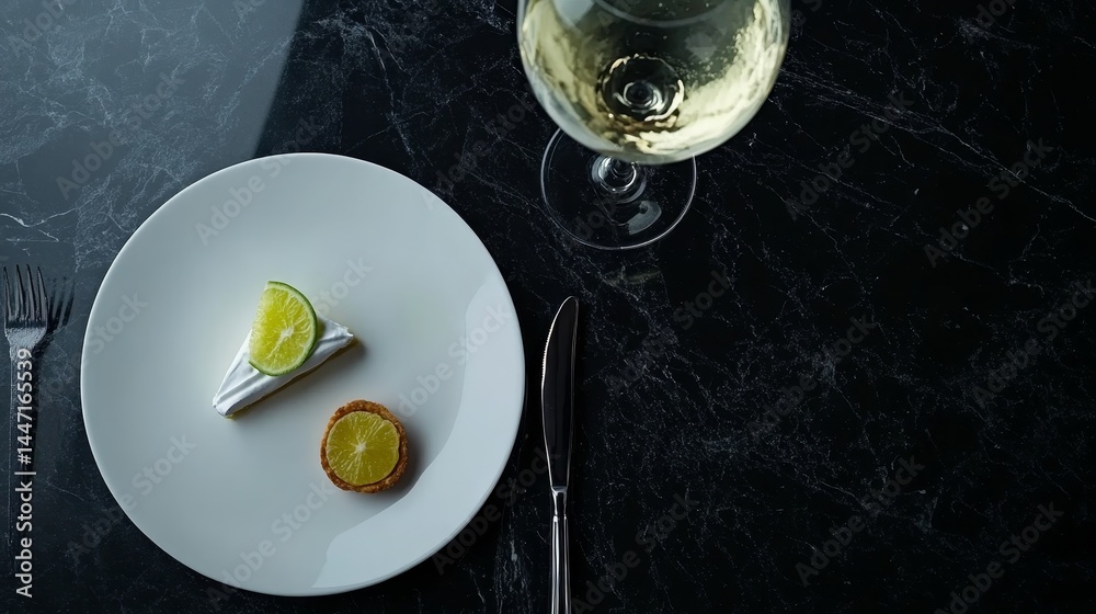 Poster Overhead shot features a single slice of key lime pie adorned with a lime twist beside a lemon tart on a sleek white plate, offering an elegant dining experience