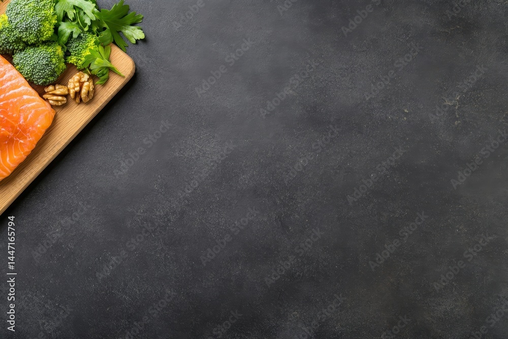 Poster nutritious brain-boosting foods like walnuts, salmon, and broccoli placed on a wooden board against 