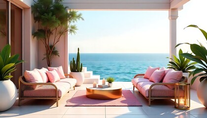 Obraz premium Serene beachside patio featuring tropical plants and sunrise ambiance high resolution photo