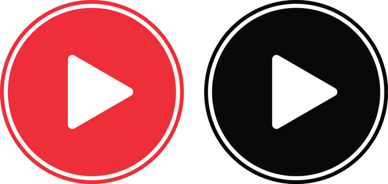 red and black round play button icons with white triangle in the center, simple modern vector design for media use	