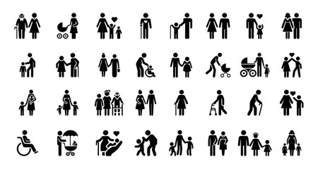 Family Silhouette Icon Set with Parents, Children, Elderly, and Care Scenes