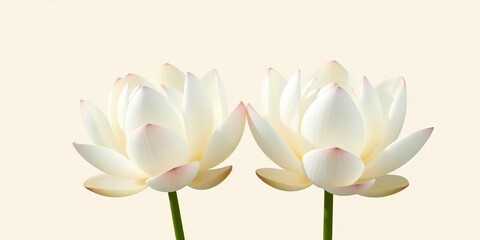 Two pristine white lotus blossoms, petals softly unfolding against a pale background,  closeup,   natural beauty