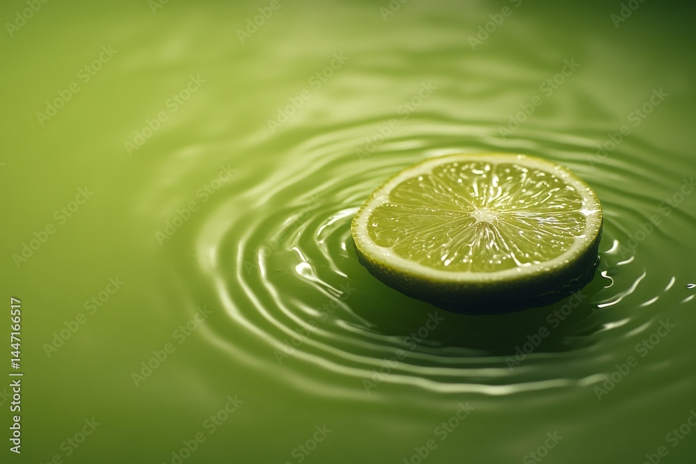 Aufkleber A bright lemon slice splashes in a pool of water creating dynamic ripples, set against a soft pastel yellow background with ample copy space on the right side