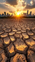 Dry Cracked Earth with City Skyline at Sunset