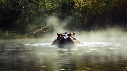 A hippopotamus surfacing from a river surrounded by mist