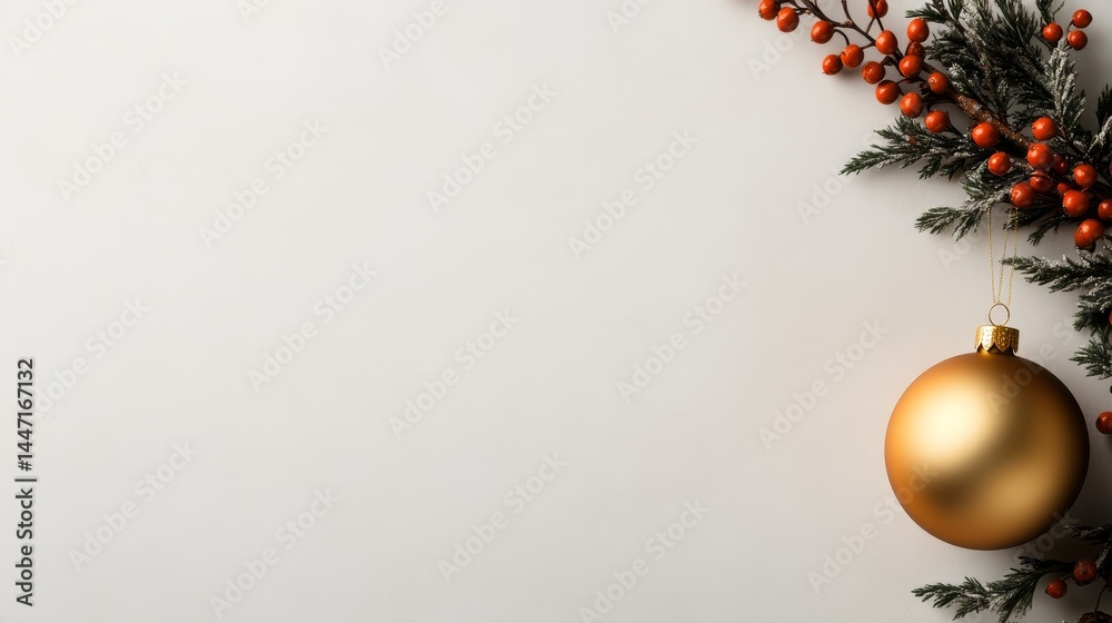 Poster overhead shot showcases a gold ornament surrounded by red berries and greenery. the minimalist arran
