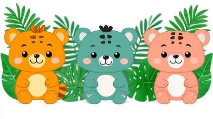 Fototapeta premium Cute playful tiger cubs with tropical leaf illustration a delightful cartoon depiction suitable for childrens projects and animal themed designs