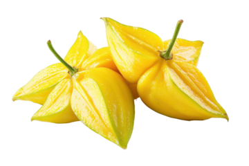 Three star fruits, cut in half, showcased in vibrant yellow, against a dark background. The image emphasizes the color and detail of the fruit.
