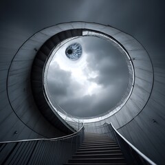 Fototapeta premium Ascending the gaze: a spiral staircase beneath a watchful eye in a cloudy sky