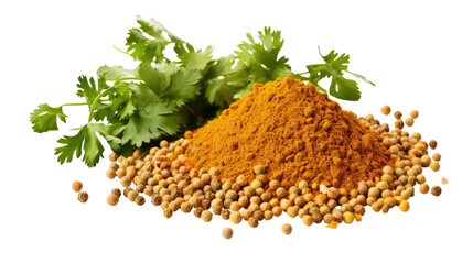 Coriander, Fenugreek, and Turmeric Spices on White Background

