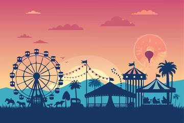 Design a vibrant, stylized vector poster showcasing a joyful fairground ride, emphasizing dynamic lines and bold colors.  Include whimsical characters and a fun, energetic atmosphere.