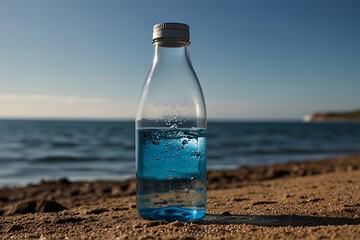 Eco Water Bottle on Sandy Beach at Sunset | Bottle of water on the beach