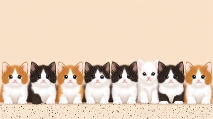 Aesthetic Kittens Pixel Art Arrangement Calico Fluffy Pets Border Design Beige Background with Cute Facial Expressions Banner for Digital Use