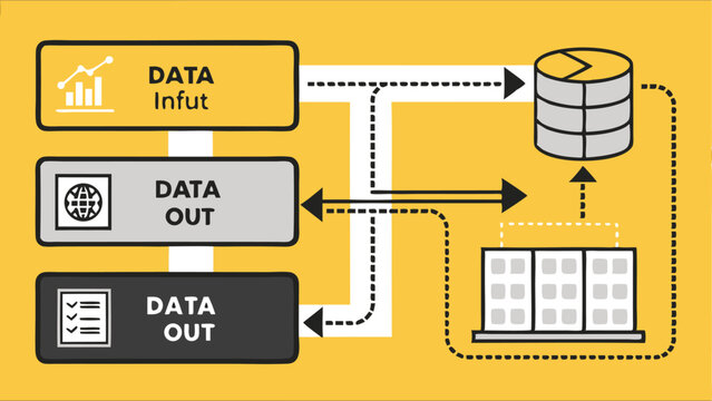 Create a vector illustration of a systematic data pipeline, showcasing data ingestion, processing, transformation, storage, and visualization stages.  Highlight data flow and key components.