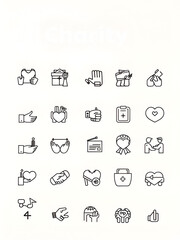 Charity and social welfare icon set. Thin line editable stroke icons for philanthropic giving, nonprofit organizations, volunteering, donation, community support, humanitarian aid, and global relief