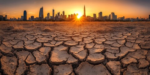 Urban Drought Landscape with Cracked Earth and City Skyline at Sunset