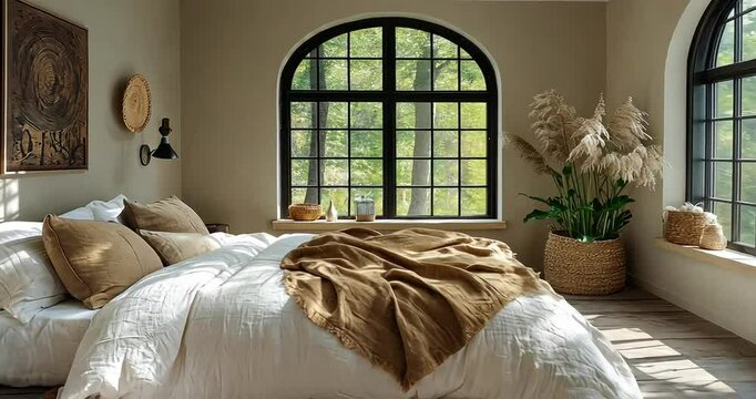 Cozy bedroom with large windows showcasing greenery outside, featuring soft bedding and decor