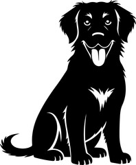 Happy sitting dog silhouette illustration with tongue out, black and white vector design of friendly pet