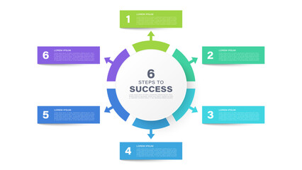 Six parts circle diagram infographic template with six steps or options. Colored infographic elements with space for data