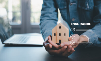 Home Insurance Coverage Estate Residential concept. Businessman hand type the keyboard computer,...